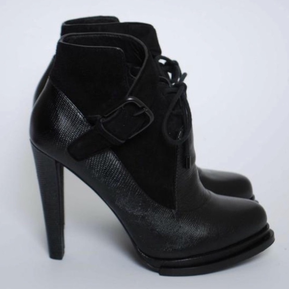 ALEXANDER WANG HIGH HEEL BOOTIES - BLACK LEATHER & SUEDE w/ LACES & BUCKLE STRAP